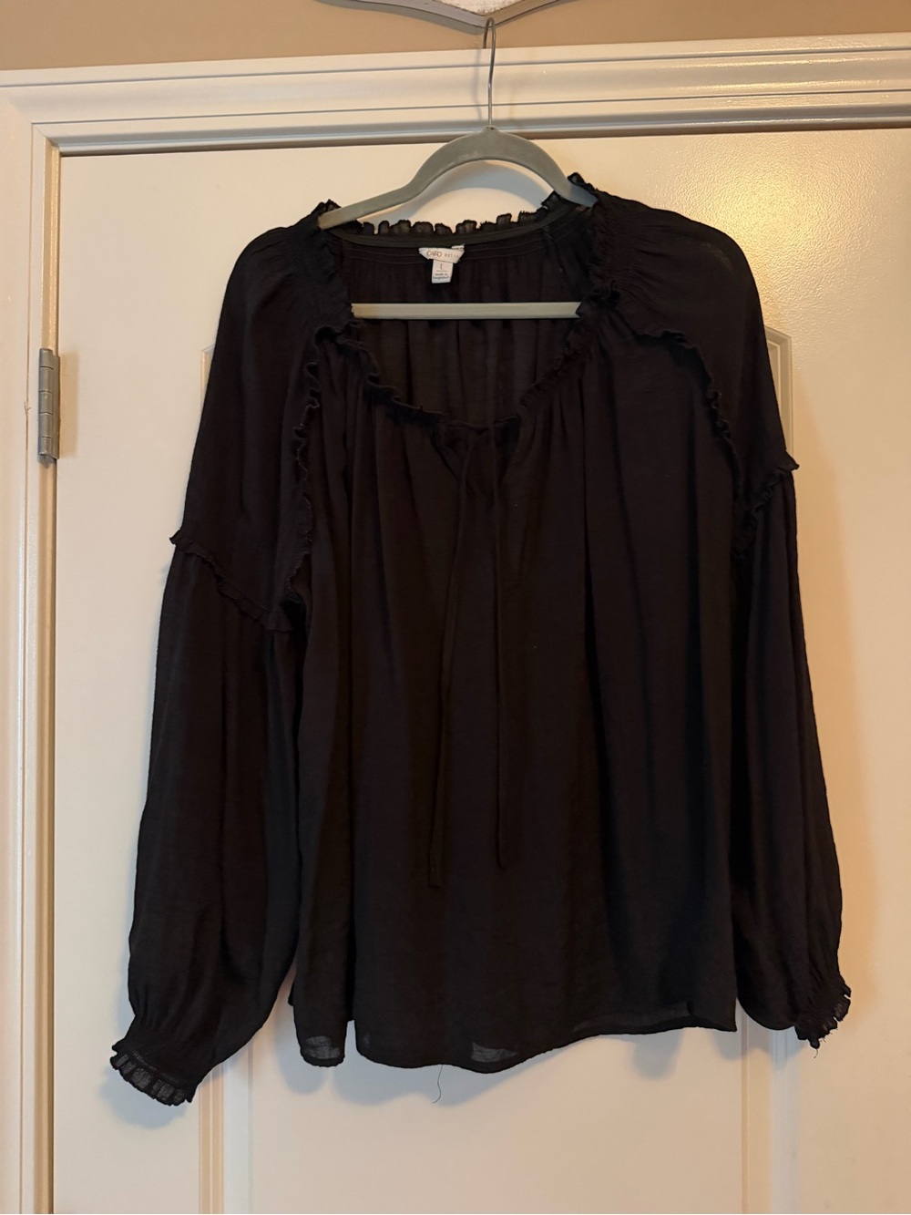 Cato Women's Black Peasant Blouse with Ruffle Trim